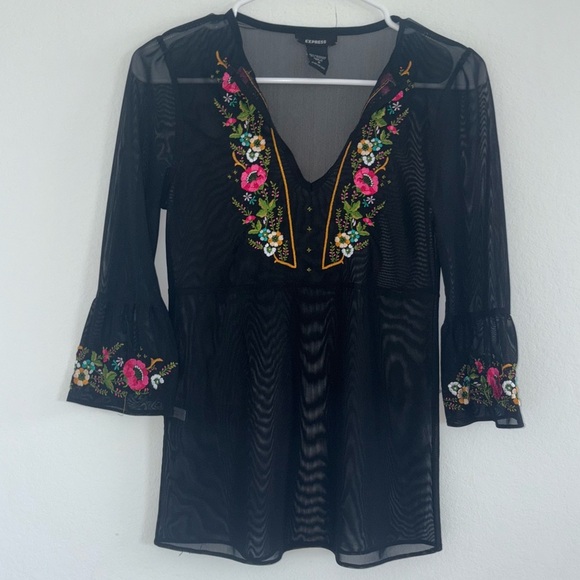 Express Embroidered Mesh Flutter Sleeve Blouse - Picture 2 of 10